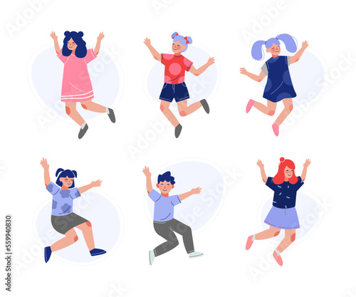 Happy children jumping with raising hands set. Cute joyful boys and girls having fun or celebrating success cartoon vector illustration i