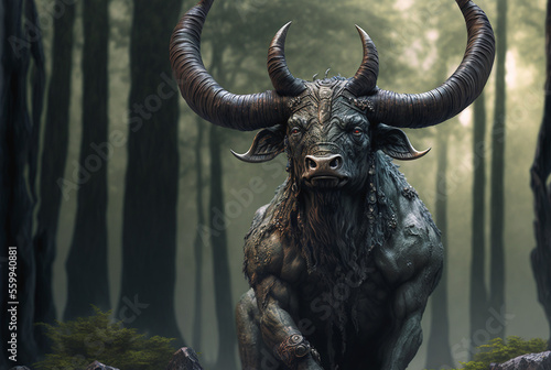 Minotaur (Minos the Bull) is a Cretan monster with the body of a man and the head of a bull. photo