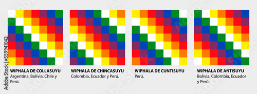 Wiphala es la bandera de la nación andina sudamericana. Es un símbolo andino cuadrangular, representa la igualdad y la armonía. La bandera tiene los colores del arcoíris. FORMATO VECTOR.