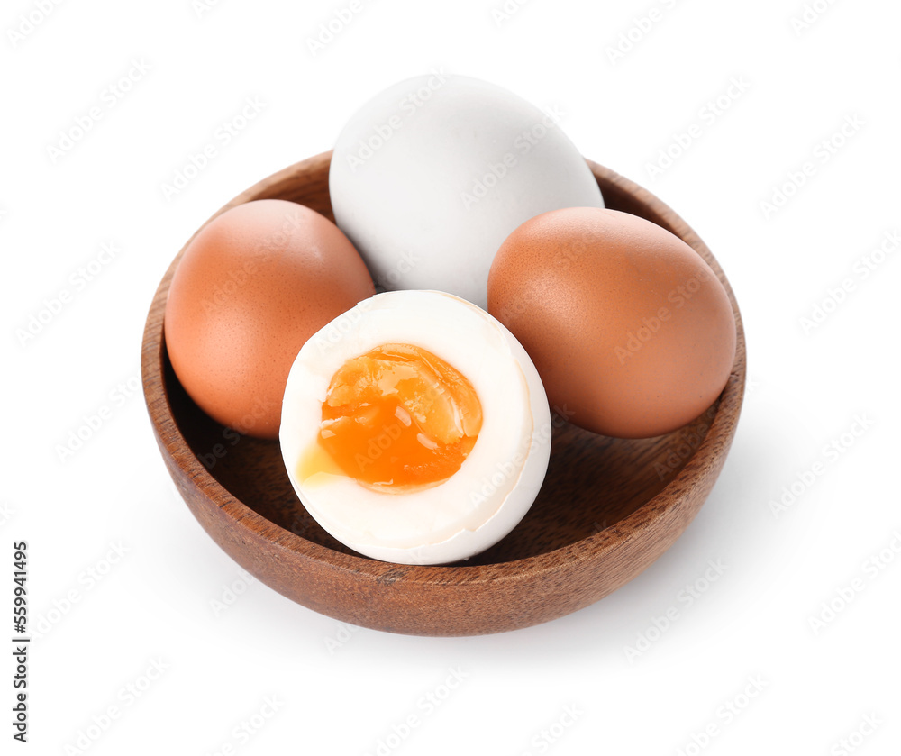 Bowl with soft boiled eggs on white background Bowl with soft boiled eggs on white background