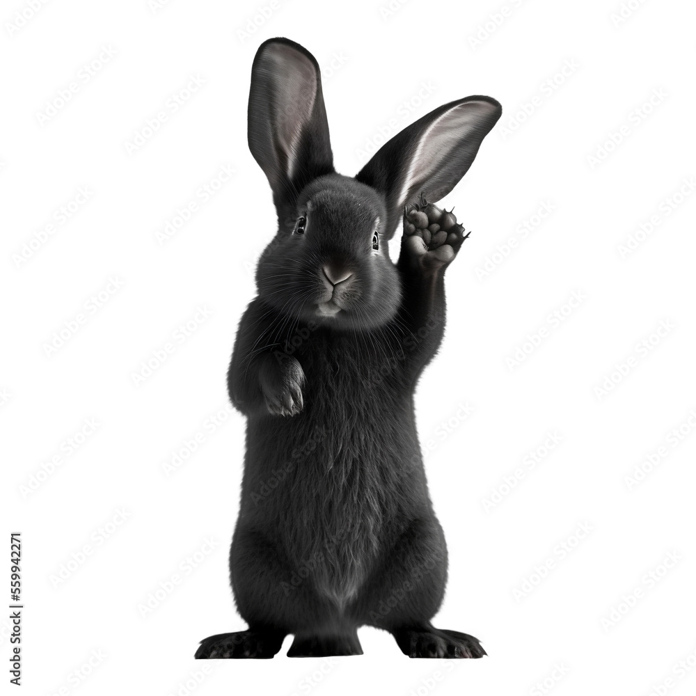 lapin noir debout sur ses pattes arrière qui fait bonjour avec sa patte avant gauche fond