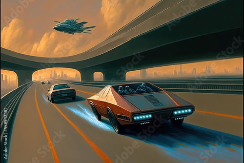 Spaceship chasing car, futuristic scene