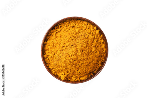 Turmeric powder in bowls on white background.
