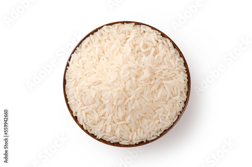Top view of parboiled rice in a bowl on white background. photo