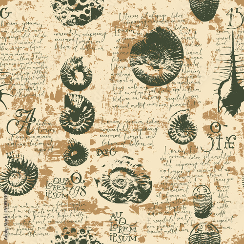 vector seamless pattern background with imprint of ancient ammonite shells and trilobites and text loreum ipsum imitating paleontological catalog or encyclopedia. Suitable for wallpaper design