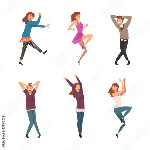 Set of shocked scared people. Stressed terrified emotional men and women cartoon vector illustration