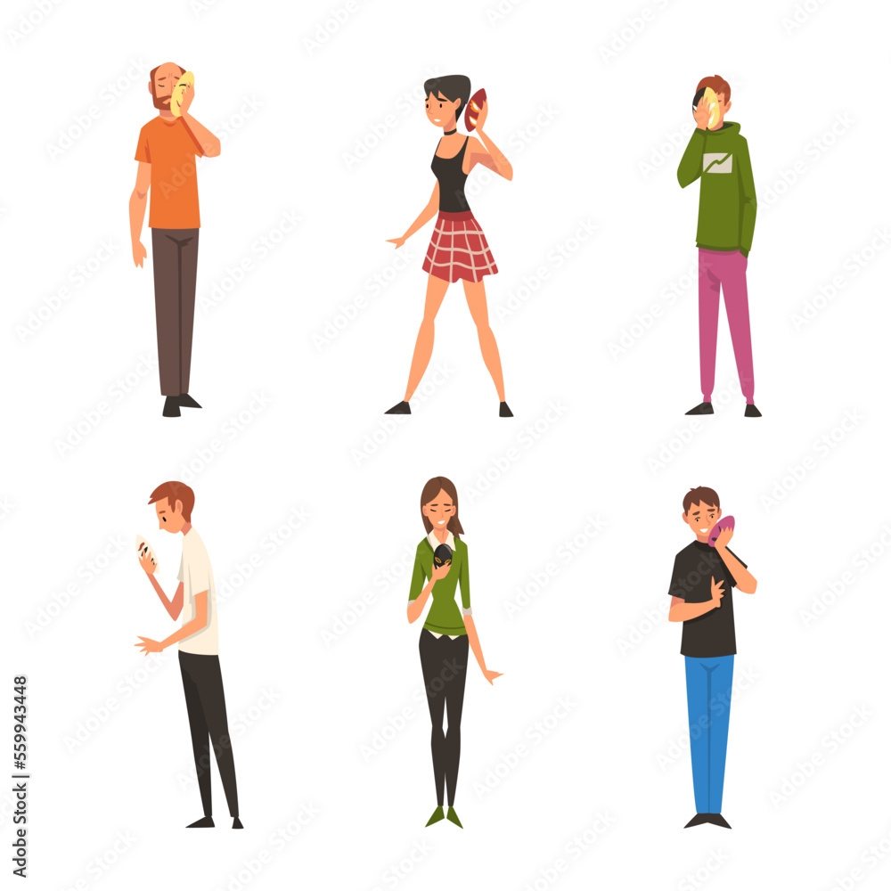Fototapeta premium People hiding faces behind social masks with fake positive emotions. Men and women disguising real emotions and feelings set cartoon vector illustration