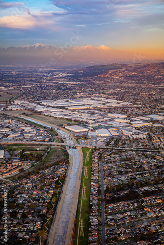 Industrial Los Angeles Aerial Snowpeaked Mountains photo