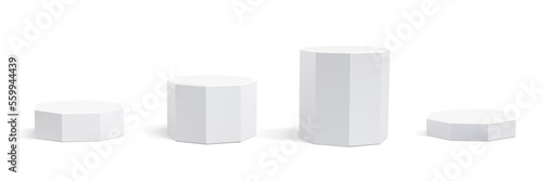 White podium stand, 3D octagonal pedestal display isolated on white background. Vector column platform pillar for display product