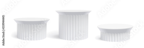 White podium stand, 3D cylindrical pedestal display isolated on light grey background. Vector aesthetic column platform pillar for display classic product
