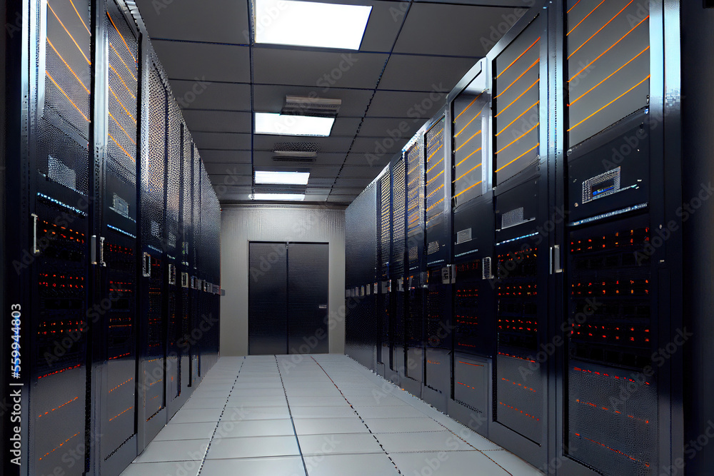 Dark data center room with computers and lights . Generative AI