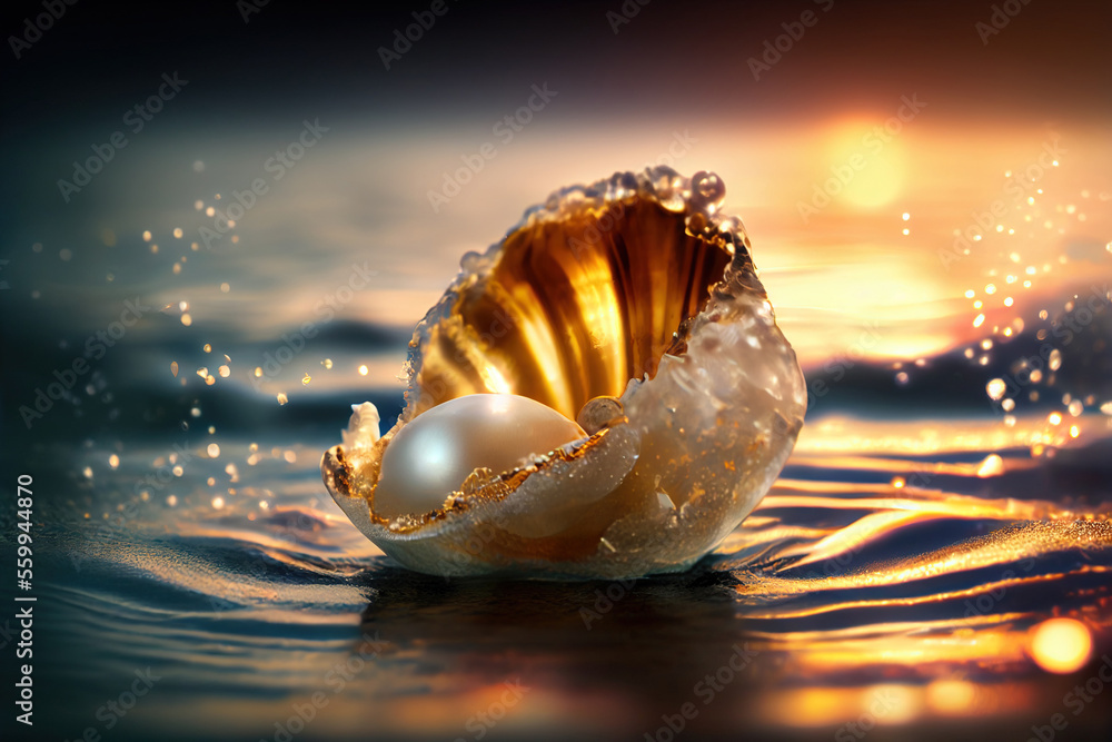 Beautiful white pearl inside golden shell on a beach, sundown. Generative AI Beautiful white pearl inside golden shell on a beach, sundown. Generative AI
