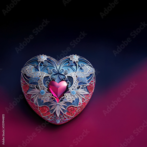 jewelry 3D hearts with beautiful gemstone diamonds, ruby, emeralds, on valentine's day. Card, banner. With isolated background. copy space. Generative AI