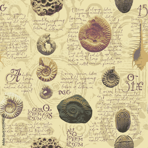 vector seamless pattern background with photo of ancient ammonite shells and trilobites and text loreum ipsum imitating paleontological catalog or encyclopedia. Suitable for wallpaper design