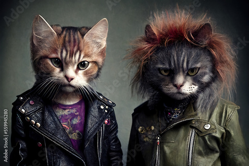 Punk rock girl cats wearing leather jackets. Generative AI.