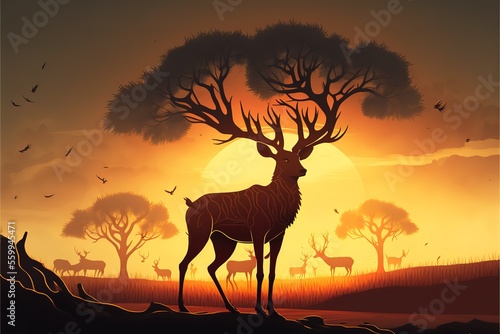 Deer with giant branching antlers trees on sunset background