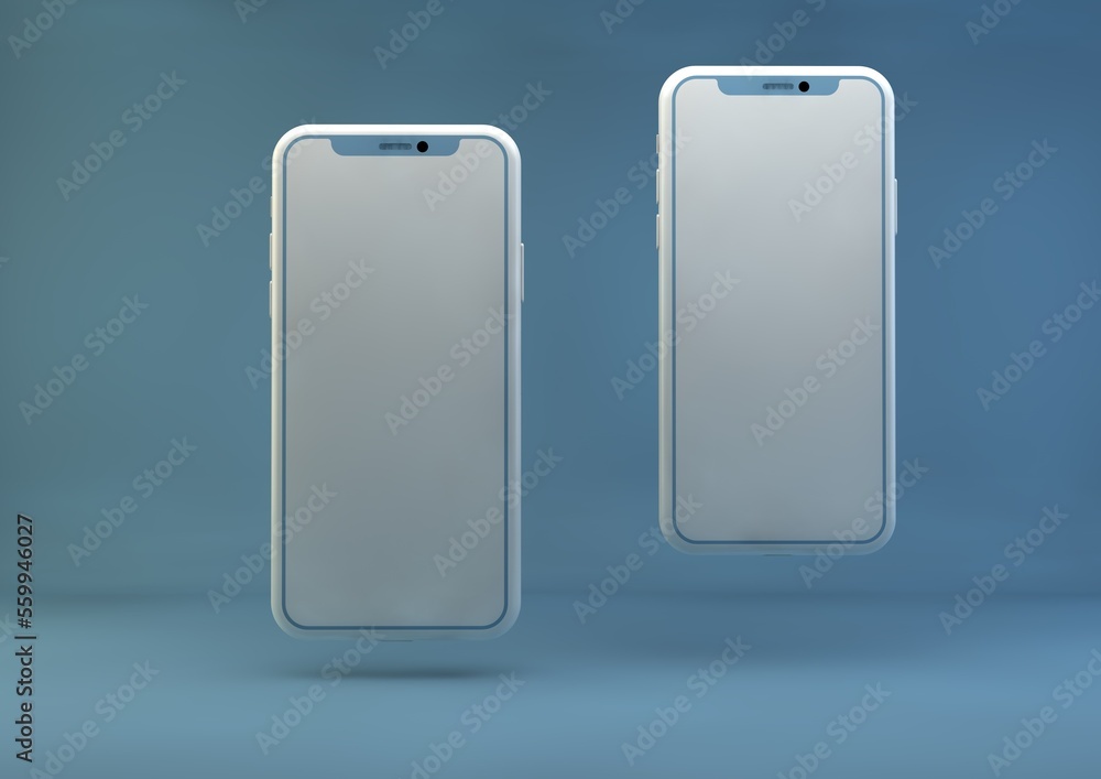 Padang, Indonesia - January 10, 2023: Smartphone frameless mockup. 3d render of Brand new iPhone in blue color - template with a blank screen for application presentation. Padang, Indonesia - January 10, 2023: Smartphone frameless mockup. 3d render of Brand new iPhone in blue color - template with a blank screen for application presentation.