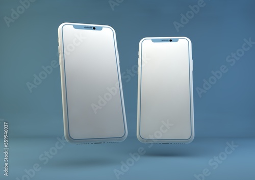 Padang, Indonesia - January 10, 2023: Smartphone frameless mockup. 3d render of Brand new iPhone in blue color - template with a blank screen for application presentation. photo
