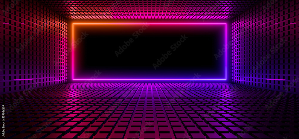 Sci Fy neon lamps in a dark corridor. Reflections on the floor and walls. 3d rendering image.