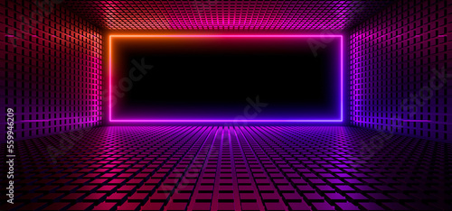 Obraz na płótnie Sci Fy neon lamps in a dark corridor. Reflections on the floor and walls. 3d rendering image. w salonie