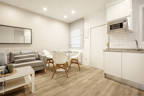 Studio apartment with an open kitchen with white cabinets and a round white dining table with resin chairs, a 3-seater sofa upholstered in gray fabric and a white wooden coffee table © Toyakisfoto.photos