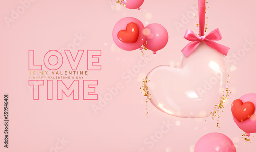 Valentines day background. Transparent glass heart hanging on pink ribbon, falling gold glitter confetti. Realistic 3d design decoration. Holiday ornament glass heart empty inside. vector illustration