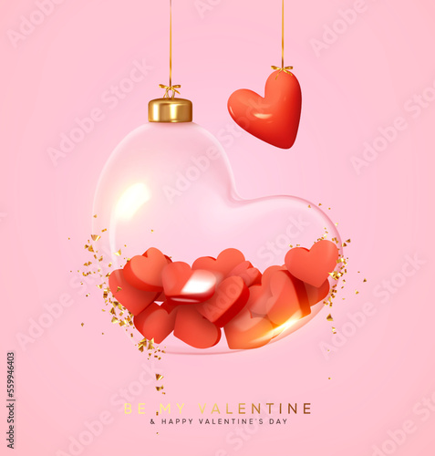 Valentines day background. Transparent glass heart hanging on golden ribbon, falling gold glitter confetti. Realistic 3d design decorations. Holiday ornament glass heart. vector illustration