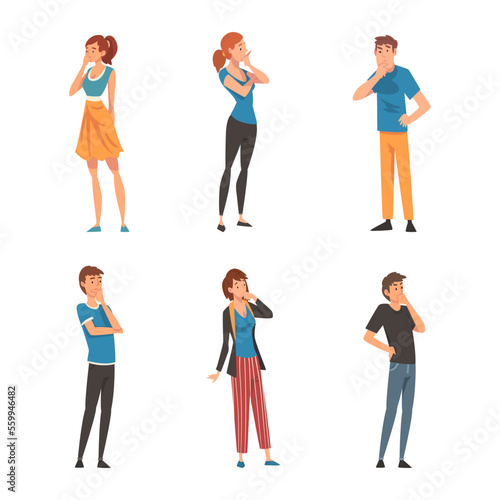 Set of thoughtful people. Men and women in casual clothes thinking or solving problems cartoon vector illustration © topvectors