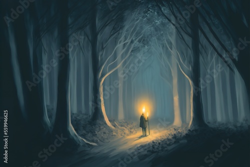 A man with a torch in the forest, fantasy scene © Анастасия Птицова