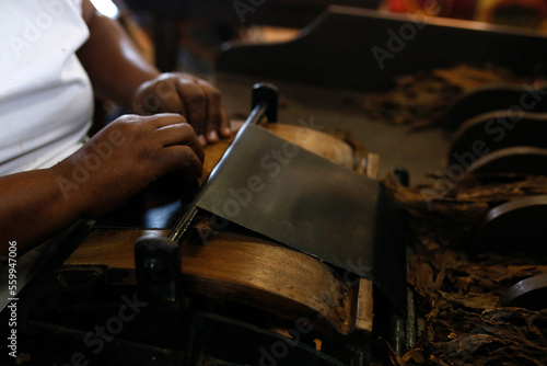 Cropped hands of man making cigar with tobacco leaves in workshop photo