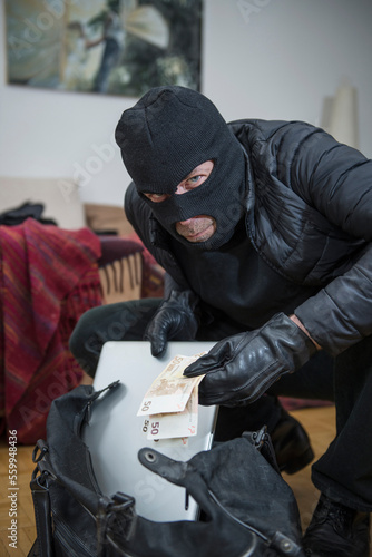 Portrait of burglar stealing laptop and Fifty Euro banknotes photo