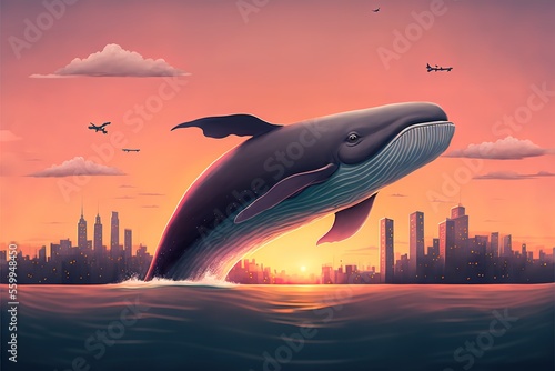 Whale flying over the city   fantasy scene