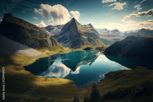 This is a stunning panorama of Longrin Lake and Dam in the Swiss Alps. Generative AI photo