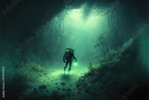Diver diving underwater, digital art © Анастасия Птицова