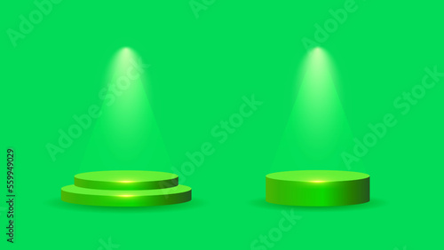 Set of green podium stand. Display product stand with lighting.