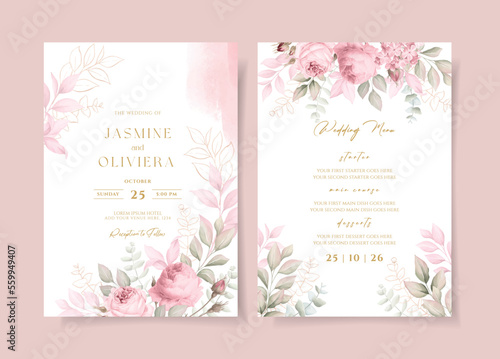 Wedding invitation template set with soft pink floral and leaves decoration