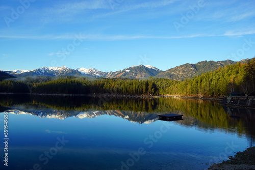 Beautiful view of Lake Eibsee with reflection in the mountains. © saichol