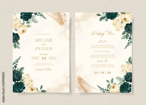 Wedding invitation template set with emerald green floral and leaves decoration