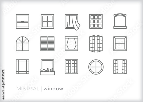 Set of window line icons showing different architectural, building and construction styles