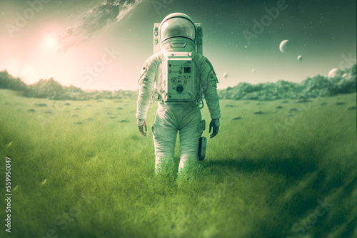 astronualt man stang in field grass, AI generate photo