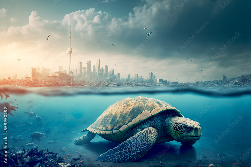 turtle in sea with water pollution, AI generate