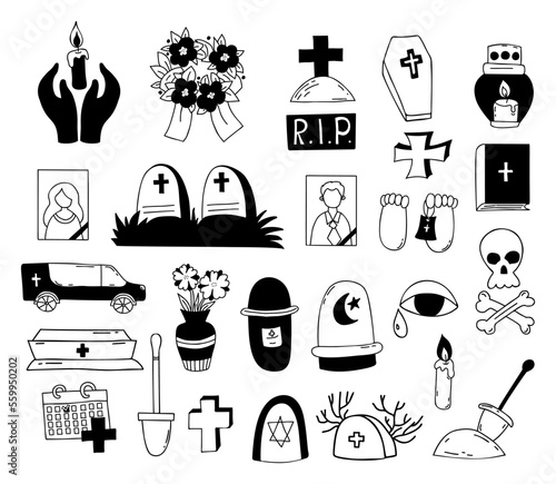 Death and funeral. Collection vector doodles. Grave, cross, cemetery, coffin and hearse, skull and crossbones and ashes, wreath and candle. Isolated hand drawings for funeral theme design