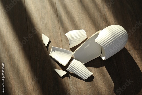 Photography Broken white ceramic vase on wooden floor, above view