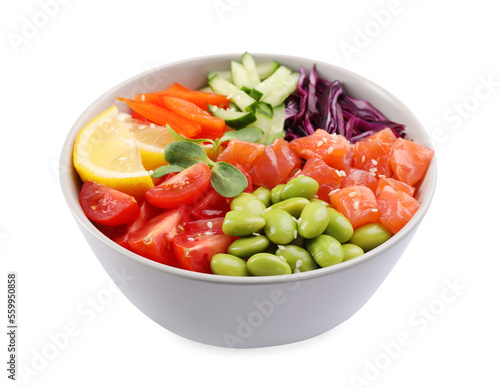 Poke bowl with salmon, edamame beans and vegetables isolated on white