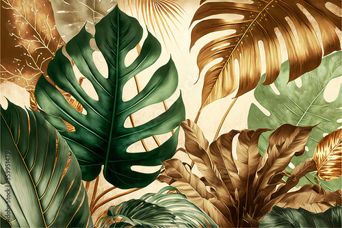Leaves background. 3d mural floral wallpaper. golden and green f leaves
