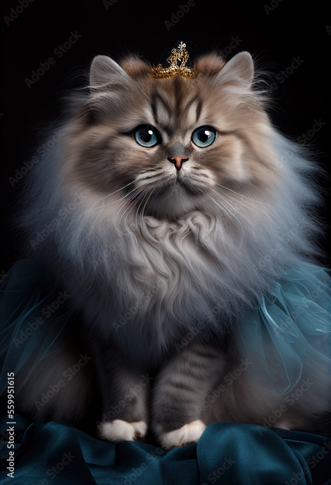 Illustration portrait of a persian exotic longhair cat wearing a princess dress on dark background. Generative ai