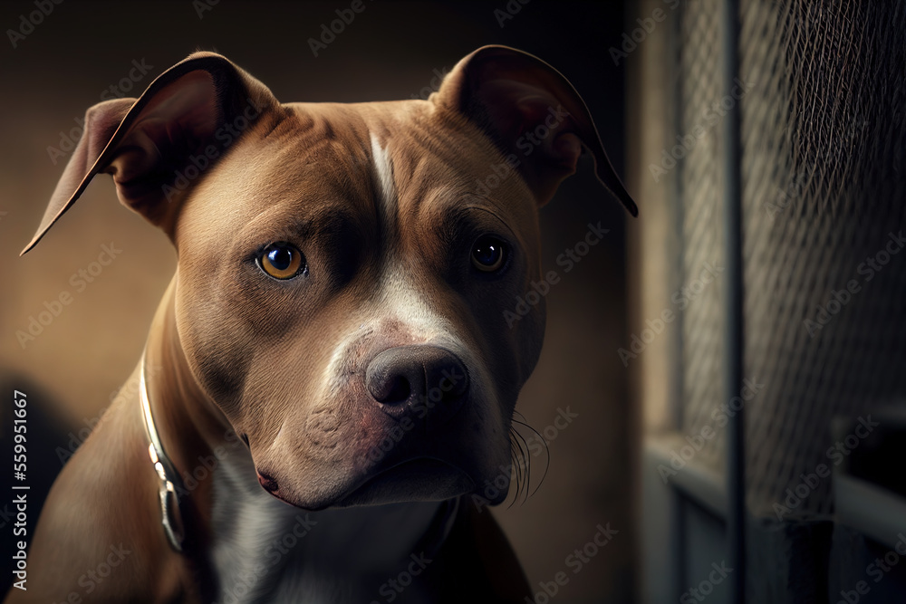 Illustrated portrait of a brown pitbull dog in an animal shelter. Generative ai