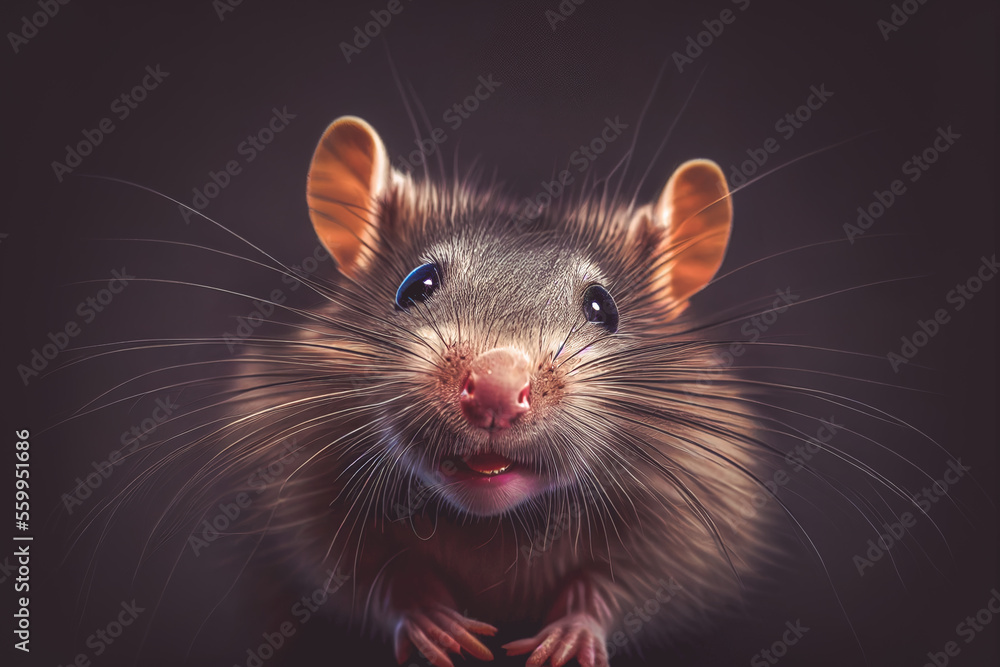 Illustration of a cute brown rat looking into camera with a happy smiling face in front of dark background. Generative ai