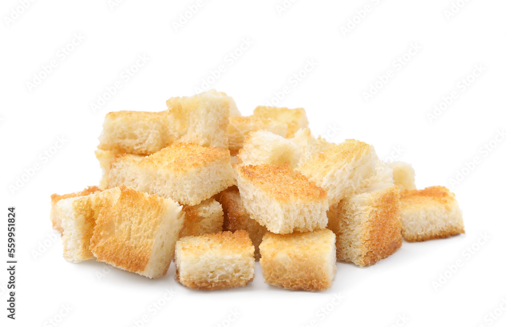 Pile of delicious crispy croutons on white background Pile of delicious crispy croutons on white background