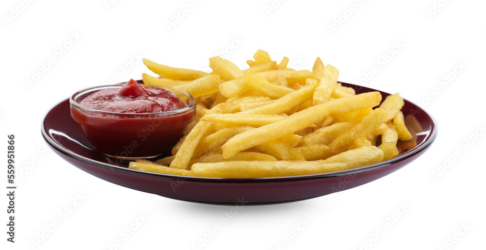 Tasty french fries with ketchup isolated on white Tasty french fries with ketchup isolated on white